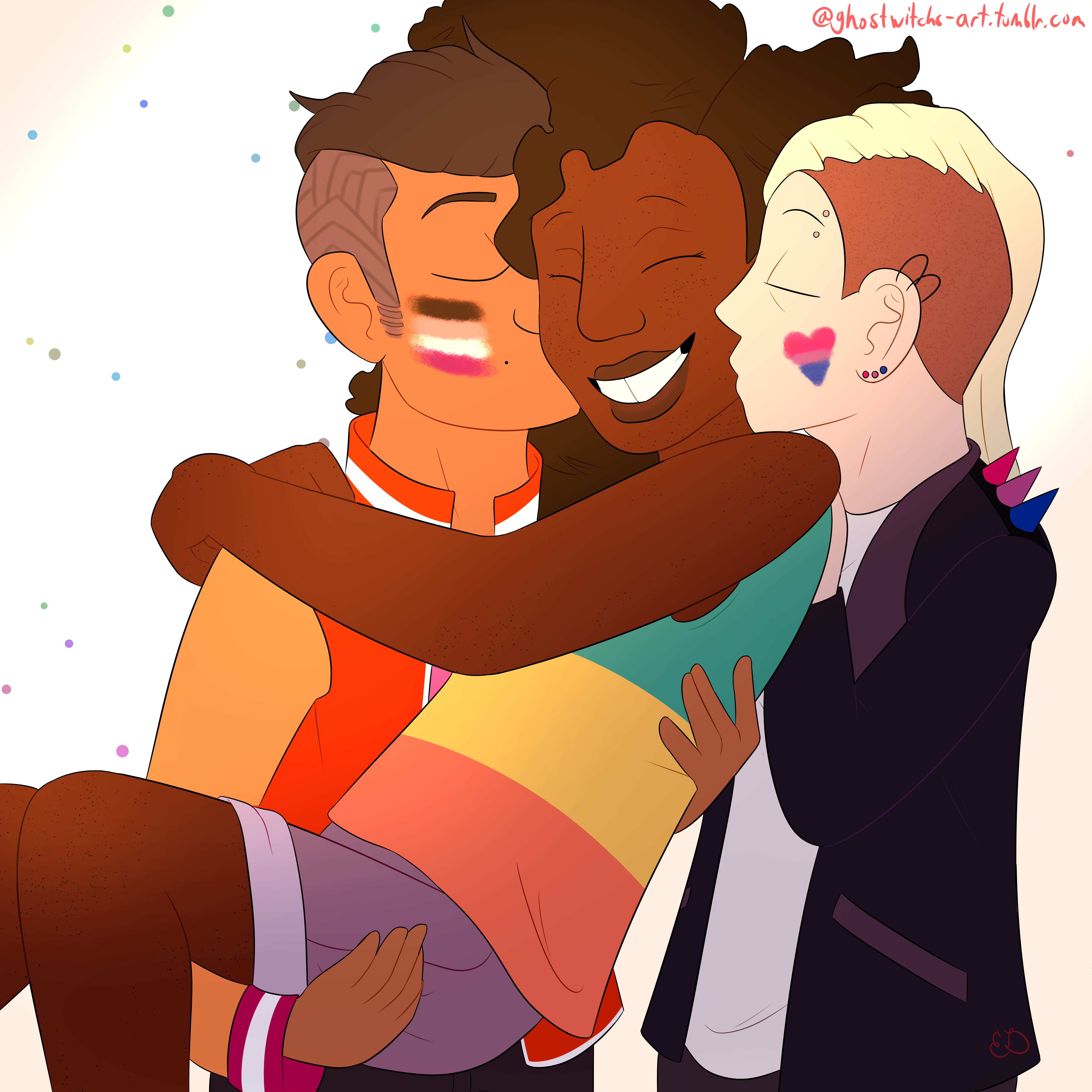 Andrea is carrying Jodie and kissing her on the cheek while Meghan stands on the other side and does the same. Andrea has the asexual flag painted on his cheek and is wearing a jacket with the lesbian flag colors. Jodie is wearing a tank top with the pansexual flag colors and smiling. Meghan has a heart shaped bisexual flag painted on her cheek.